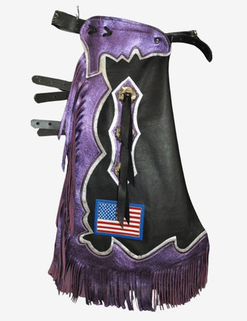 American flag leather rodeo chaps with metallic purple trim, black leather body, and western rodeo fringe styling.