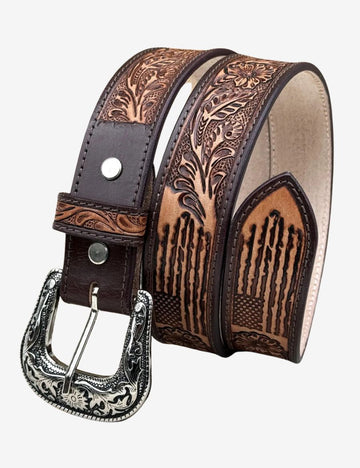 Western leather belt featuring American flag tooling, floral carvings, and an engraved silver cowboy buckle.