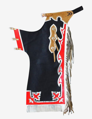 Black bull riding chaps with red and silver trim, basket tooled yoke, and metallic fringe accents.