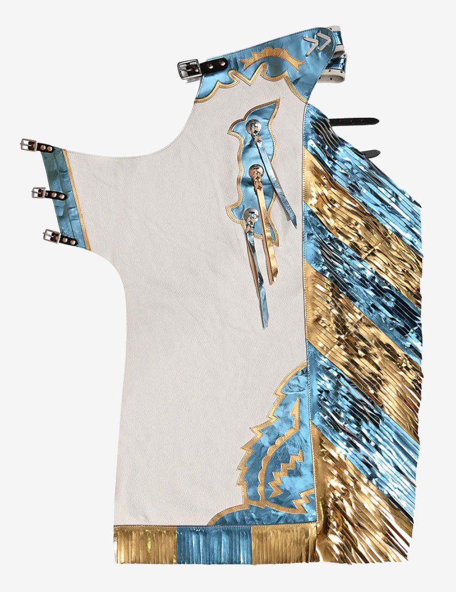 Arena rider white rodeo chaps with metallic blue and gold fringe, western conchos, and leather trim detailing.
