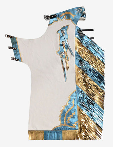 Arena rider white rodeo chaps with metallic blue and gold fringe, western conchos, and leather trim detailing.