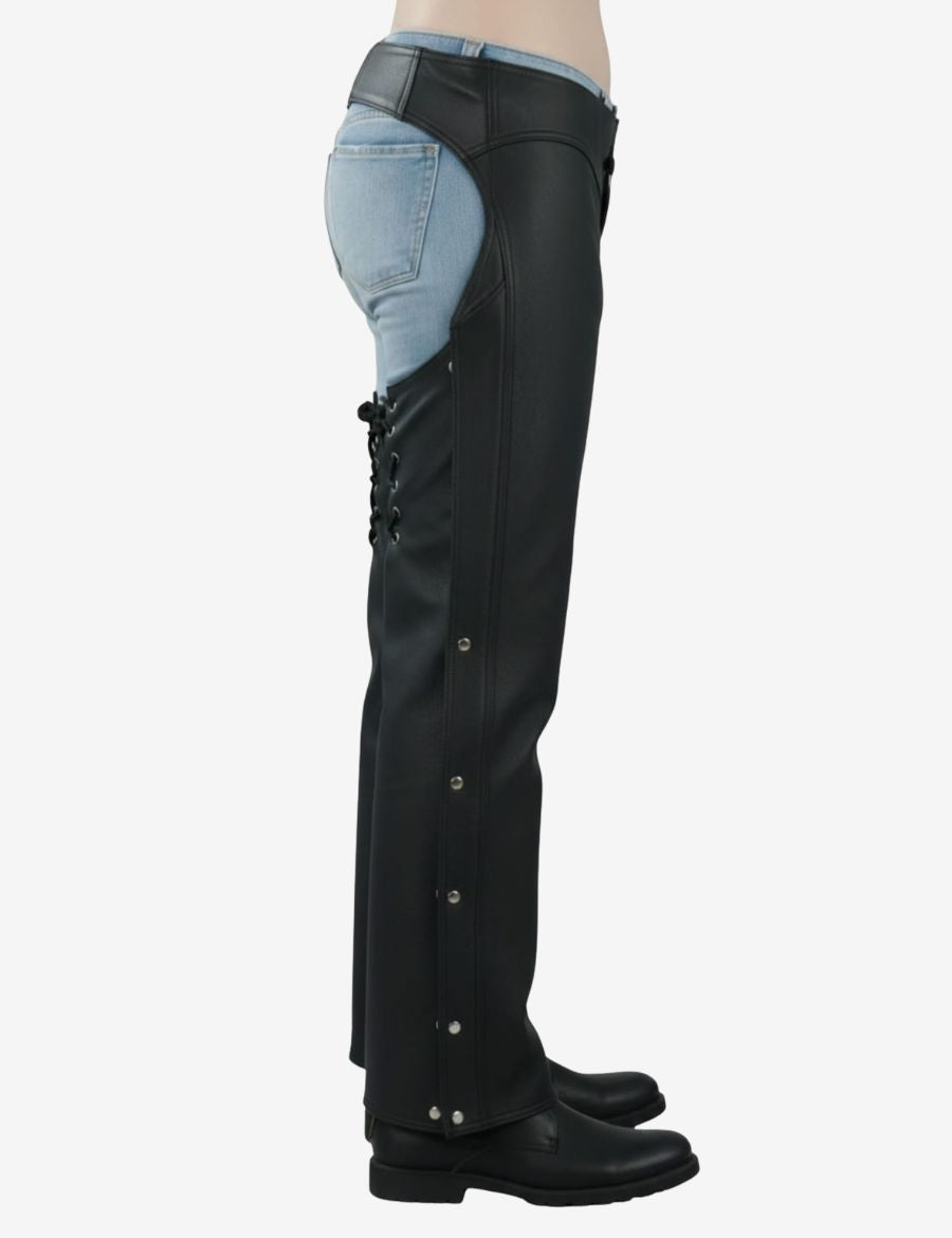 Side view of assless motorcycle chaps for women highlighting smooth black leather side panels, rivet accents, and secure slim-fit motorcycle riding construction.