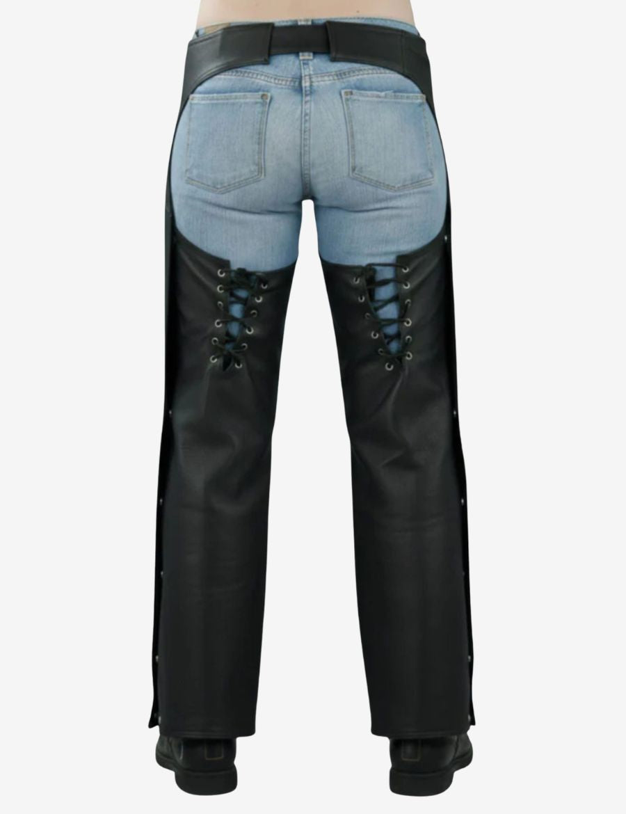 Back view of womens assless motorcycle chaps showing open rear denim fit, reinforced leather leg coverage, and adjustable lace-up detailing for riding comfort.