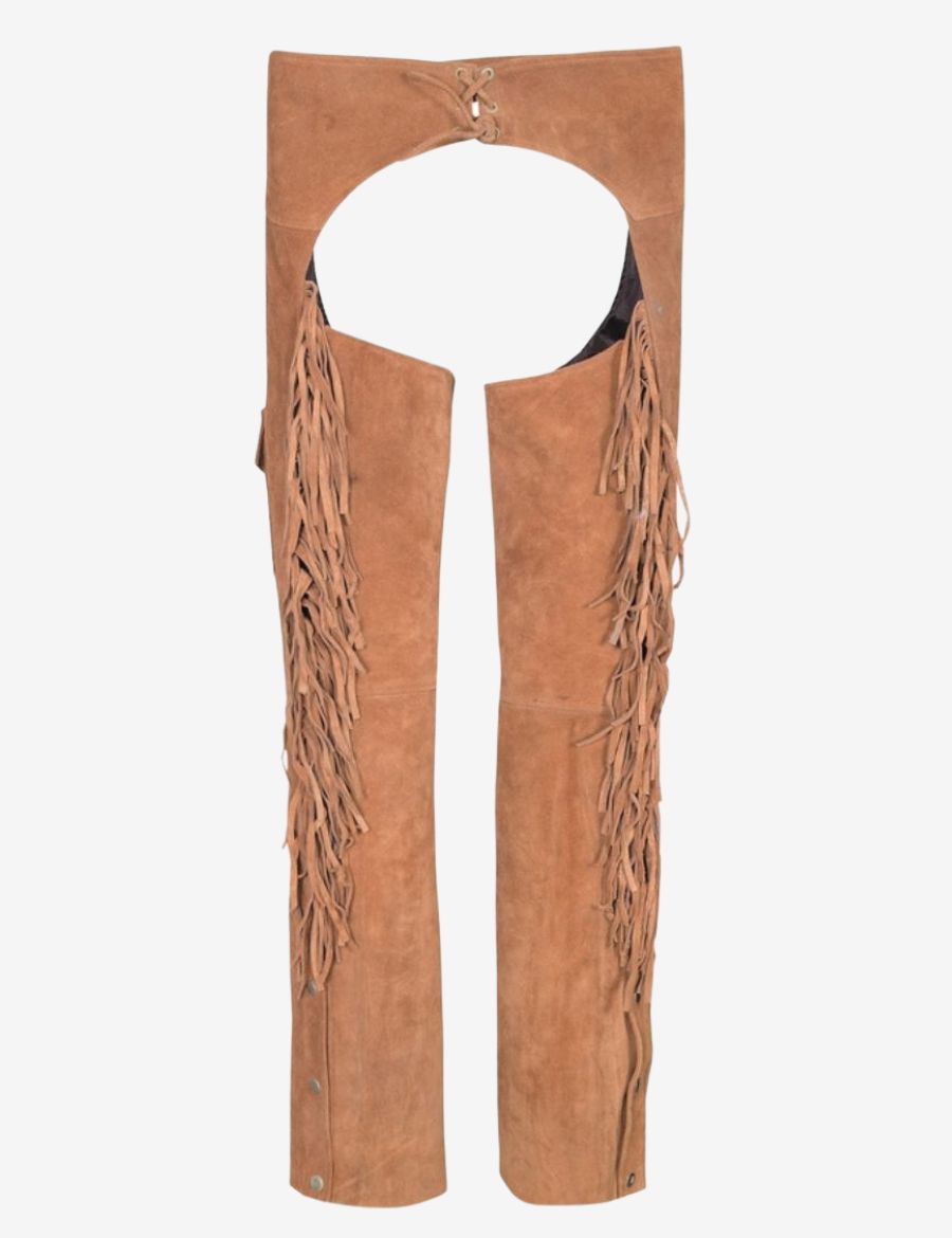 Back view of beige womens western chaps with fringe showcasing long suede tassels and classic western craftsmanship.