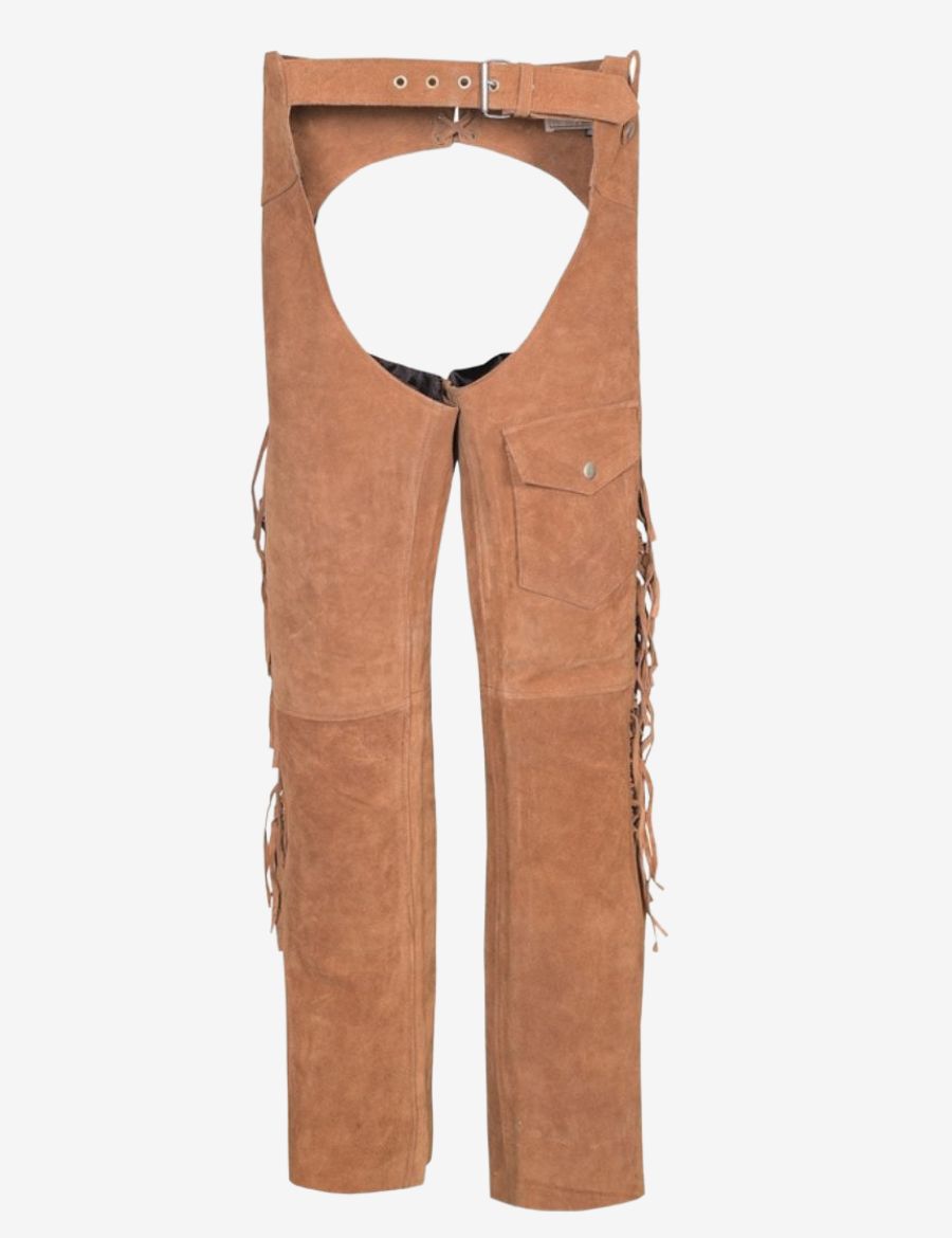Front view of beige womens western chaps with fringe featuring durable suede leather, pocket detail, and western styling.