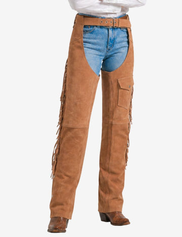 beige womens western chaps with fringe featuring suede leather, adjustable belt, and utility pocket.