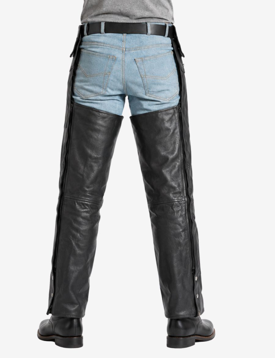 Back view of biker assless chaps with removable belt showing open-seat biker design and rear leg zippers.