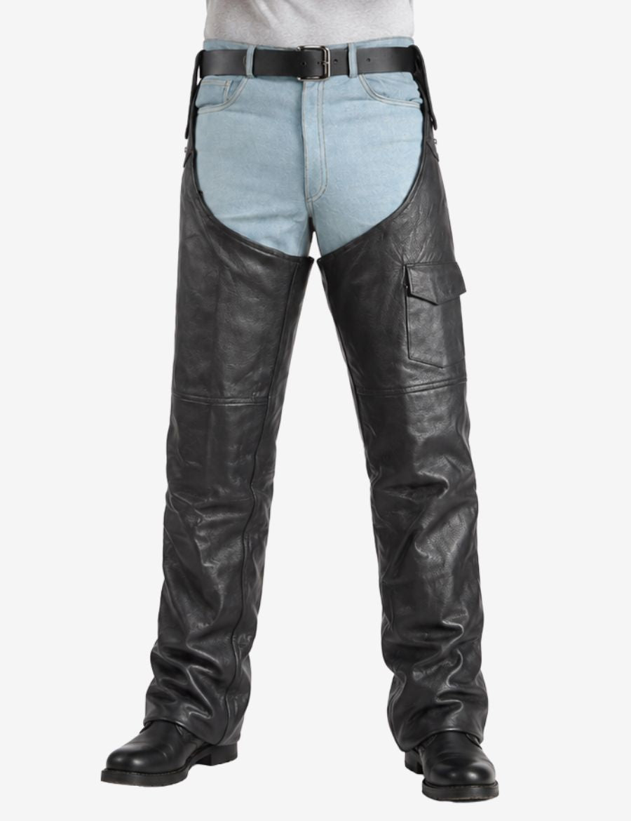 Close-up front view of biker assless chaps with removable belt featuring black leather construction and side utility pocket.