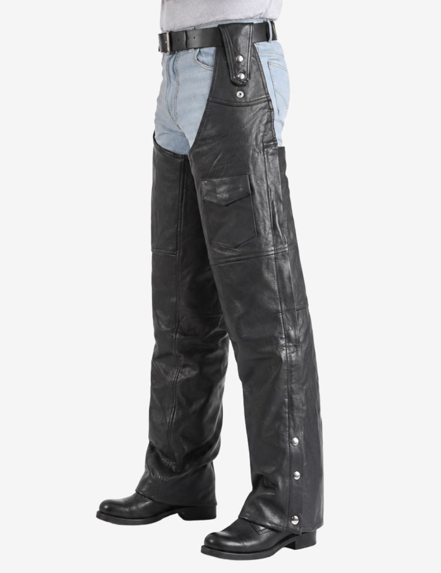 Side angled view of biker assless chaps with removable belt in black leather featuring snap-leg closure and cargo pocket.