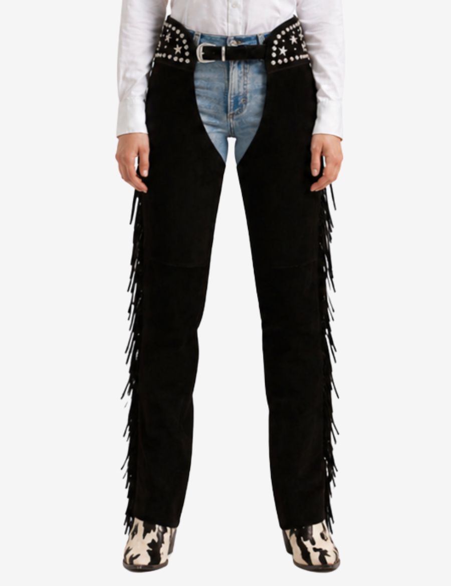 Front flat product image of black cowgirl assless chaps with side fringe and studded accents.