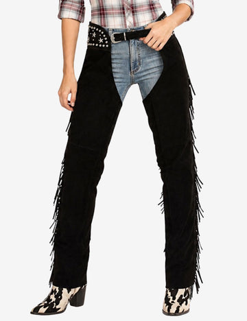 black cowgirl assless chaps with fringe and silver stud detailing.