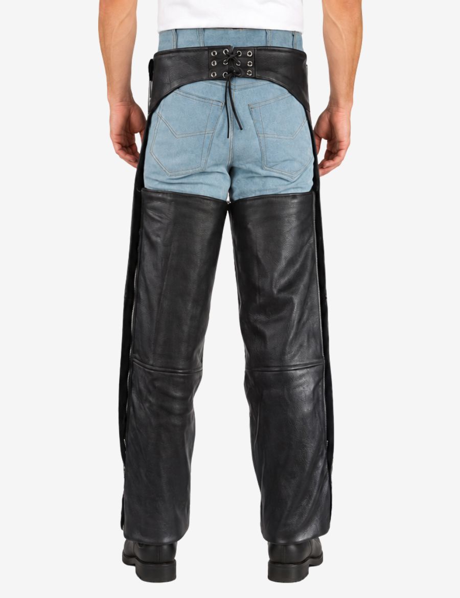 Back view of mens black cowhide leather assless biker chaps with relaxed fit design.