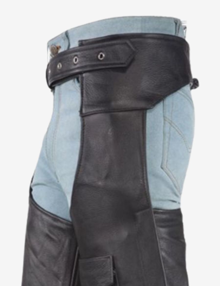 Close-up of adjustable belt detail on black cowhide leather assless motorcycle chaps.