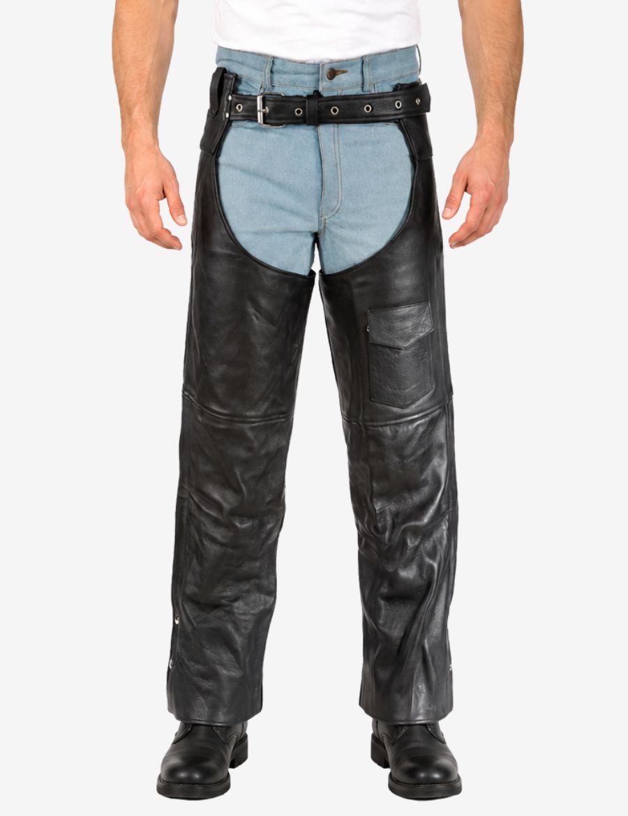 Front view of black cowhide leather assless chaps in loose fit biker style for men.
