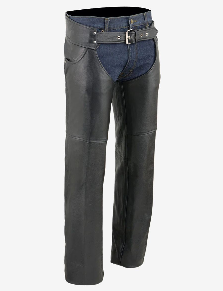 Angled front view of black cowhide leather motorcycle chaps with rugged biker design and protective fit.