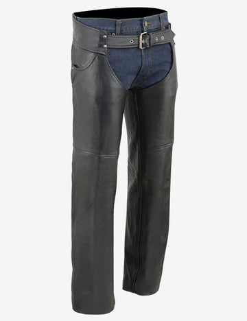Angled front view of black cowhide leather motorcycle chaps with rugged biker design and protective fit.