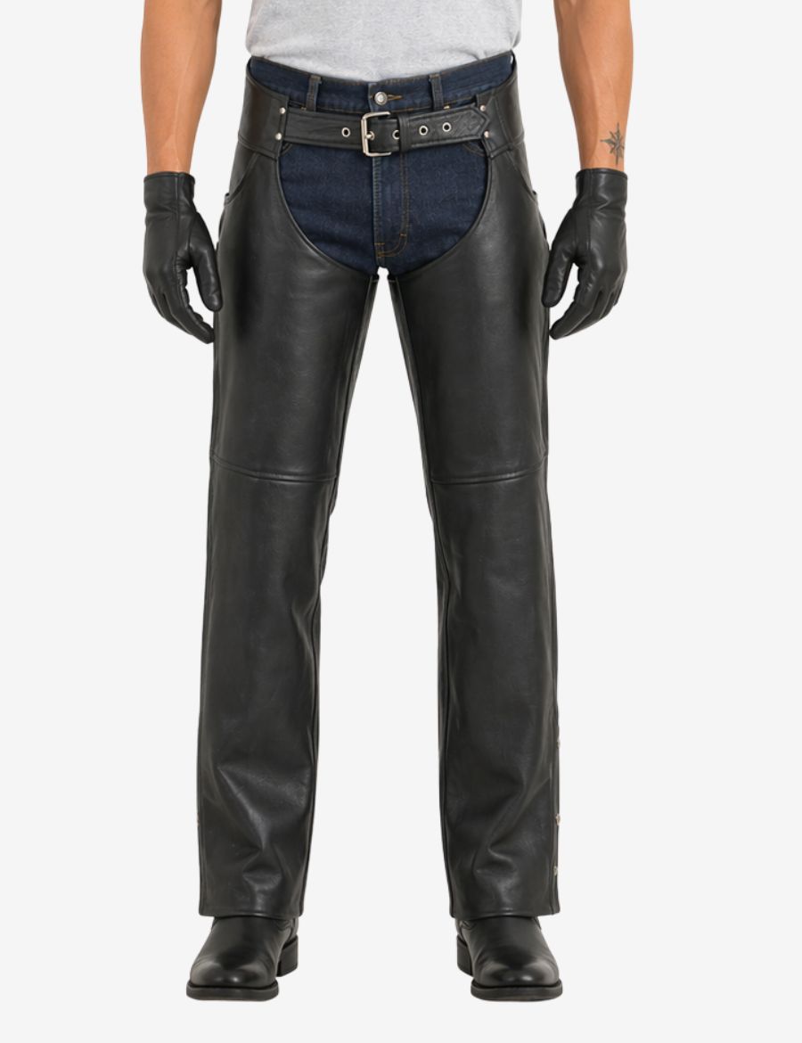 Front view of black cowhide leather motorcycle chaps featuring smooth leather finish and adjustable waist belt.