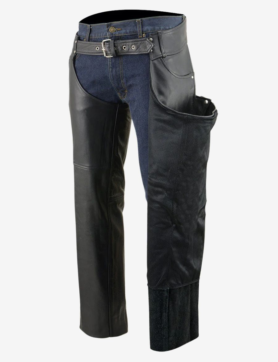 Interior view of black cowhide leather motorcycle chaps showing soft lining and reinforced construction for riders.
