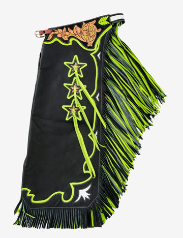 Black rodeo chaps with neon green fringe, star overlays, and floral tooled yoke for western rodeo riding.
