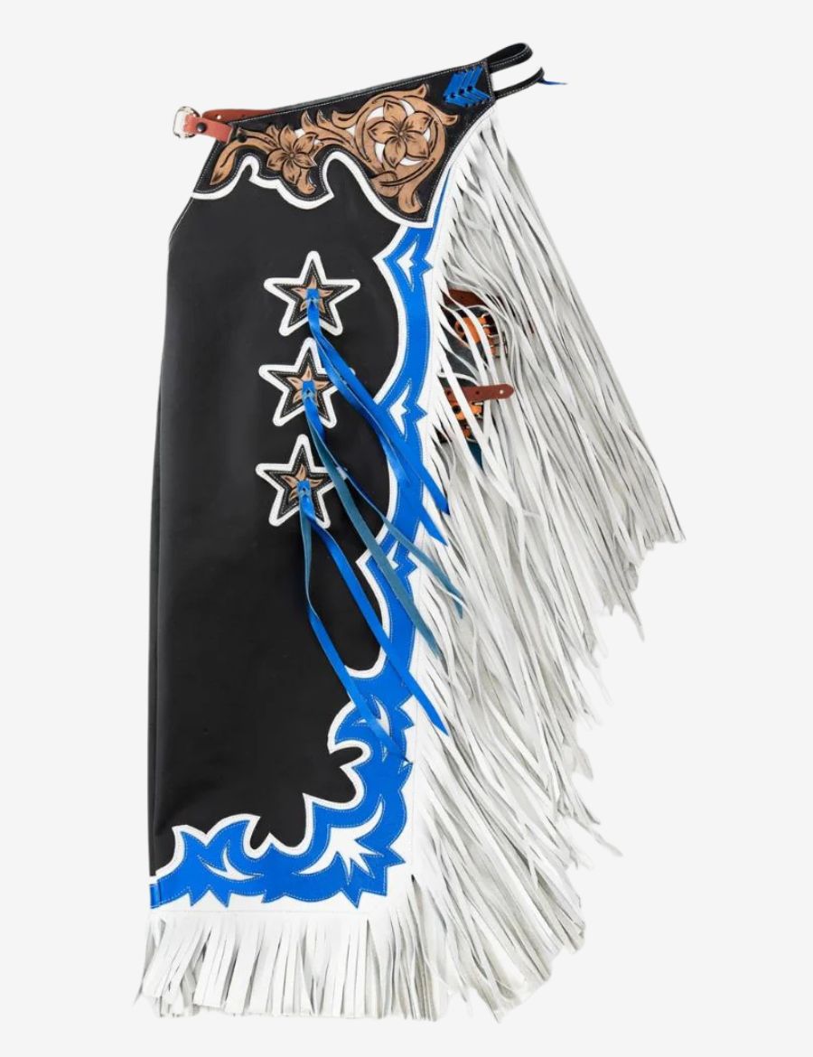 Black hand tooled rodeo chaps with white fringe, blue overlays, and floral western leather tooling.