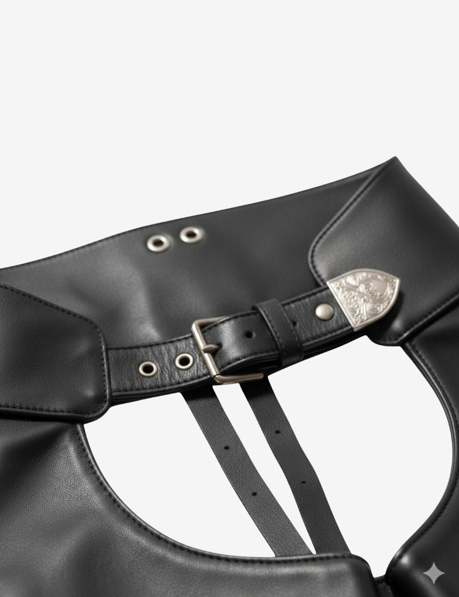 Close-up of adjustable buckle belt on black leather assless chaps designed for motorcycle riding comfort.