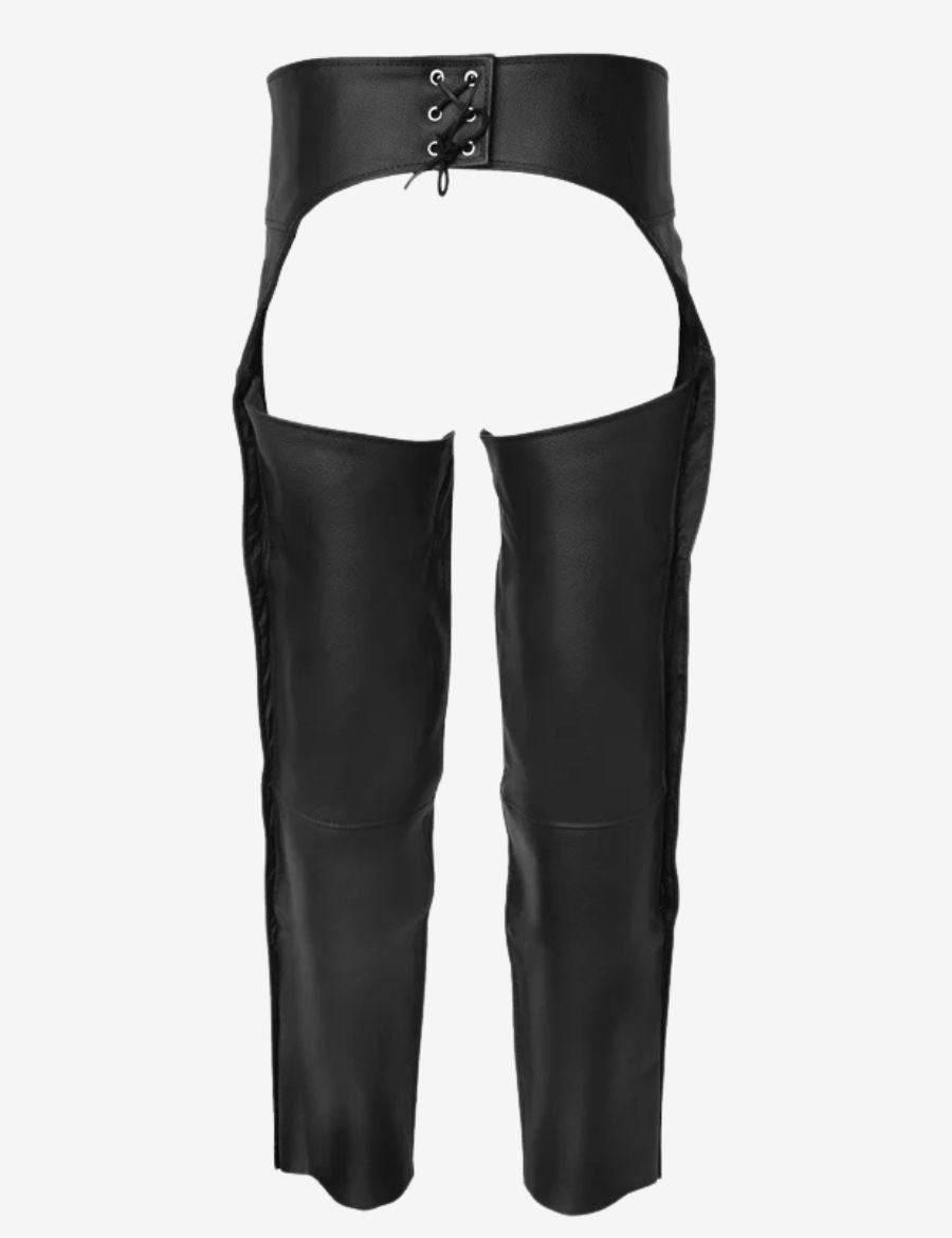 Black leather assless chaps for men in genuine leather with rear lace-up waist and classic biker leg design.