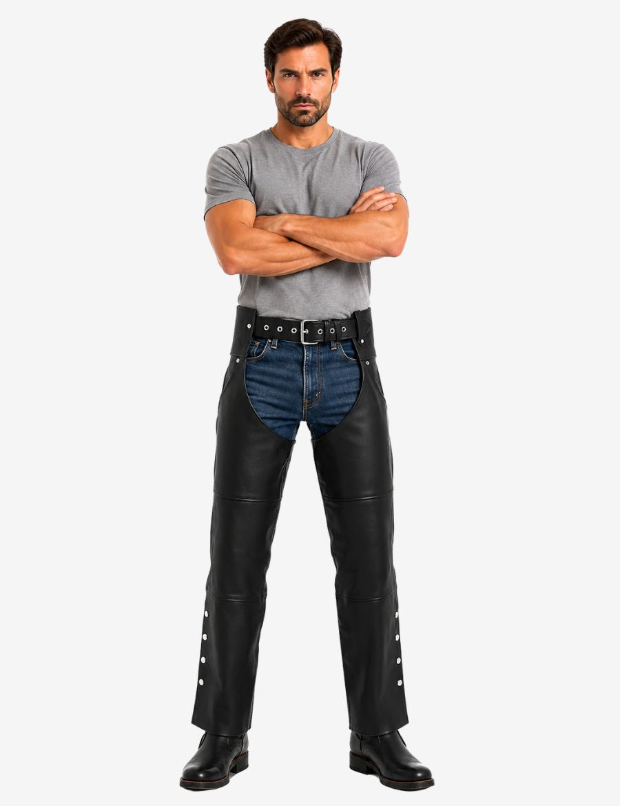 Front view of black leather assless chaps for men featuring snap leg openings and classic motorcycle style fit.