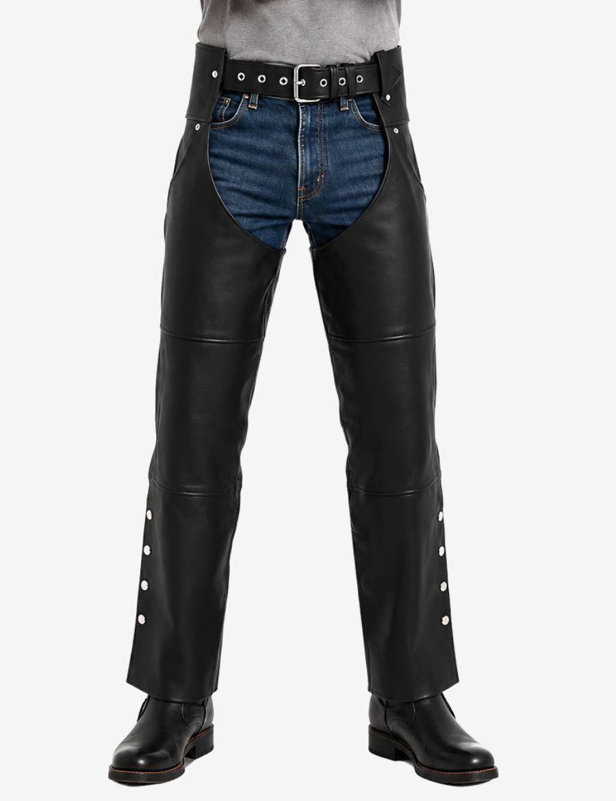 Front view of black leather assless chaps for men featuring snap leg openings and classic motorcycle style fit.