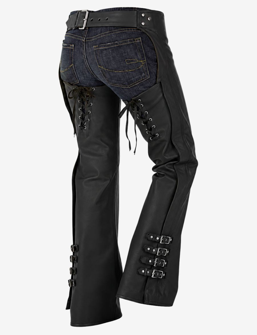 Back view of black leather chaps for women featuring lace-up rear detailing and adjustable side buckles.