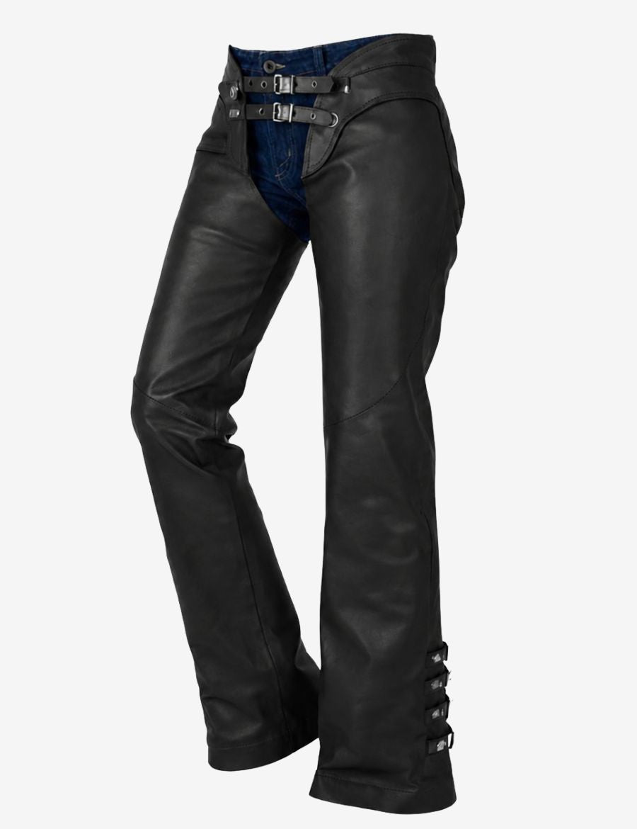 Angled front view of black leather chaps for women with dual buckle waist straps and smooth leather finish.