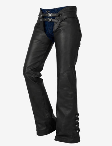 Angled front view of black leather chaps for women with dual buckle waist straps and smooth leather finish.
