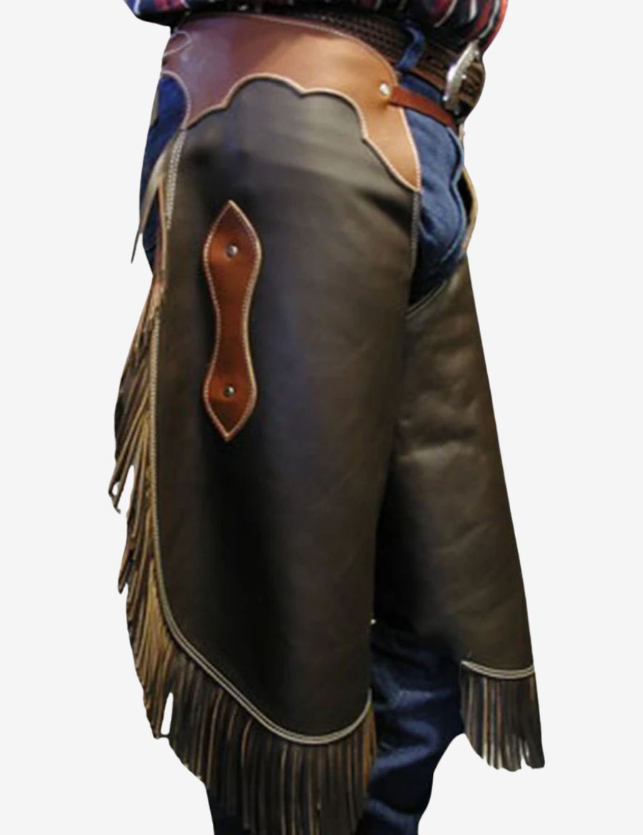 Front view of black leather chinks chaps with fringe featuring western styling and durable cowboy design.
