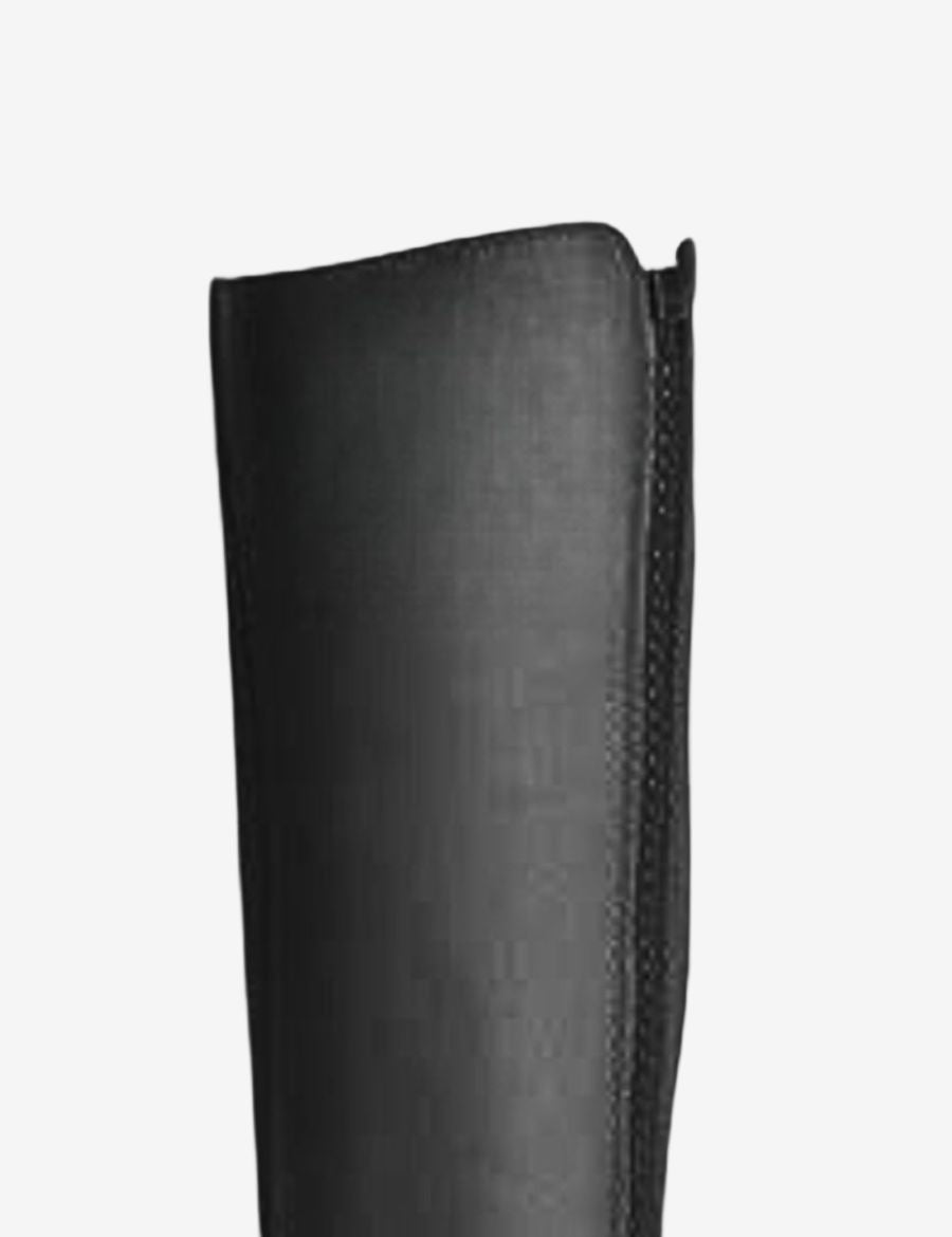 Close-up of black leather half chaps showcasing the reinforced underfoot strap, genuine leather construction, and durable riding design for equestrian and western riding use.