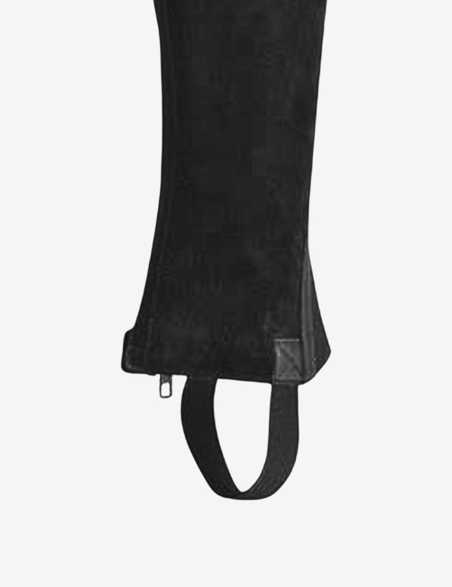 Close-up side view of black leather half chaps featuring a full-length zipper closure, smooth genuine leather finish, and secure fit designed for horse and western riders.