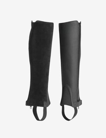 Front and back view of black leather half chaps for riders crafted from genuine leather, featuring a sleek riding profile, secure underfoot strap, and durable design for horse and western riders.