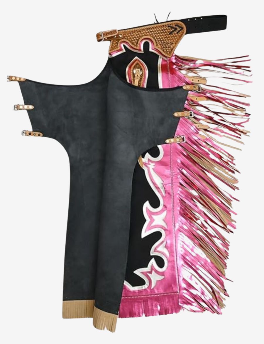 Inside suede view of black rodeo chaps with metallic pink fringe and adjustable buckle strap closures.