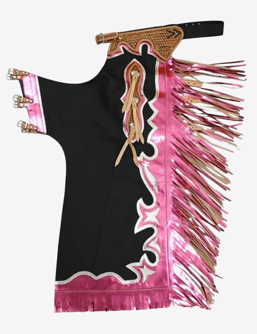 Black rodeo chaps with metallic pink fringe, basket tooled leather yoke, and western rodeo styling.