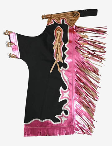 Black rodeo chaps with metallic pink fringe, basket tooled leather yoke, and western rodeo styling.