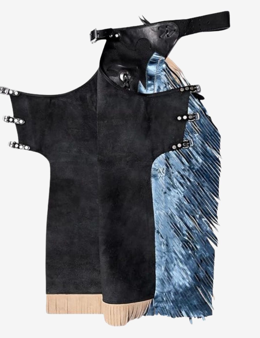 Inside view of black rodeo chaps with metallic fringe displaying suede interior, buckle straps, and durable rodeo construction.