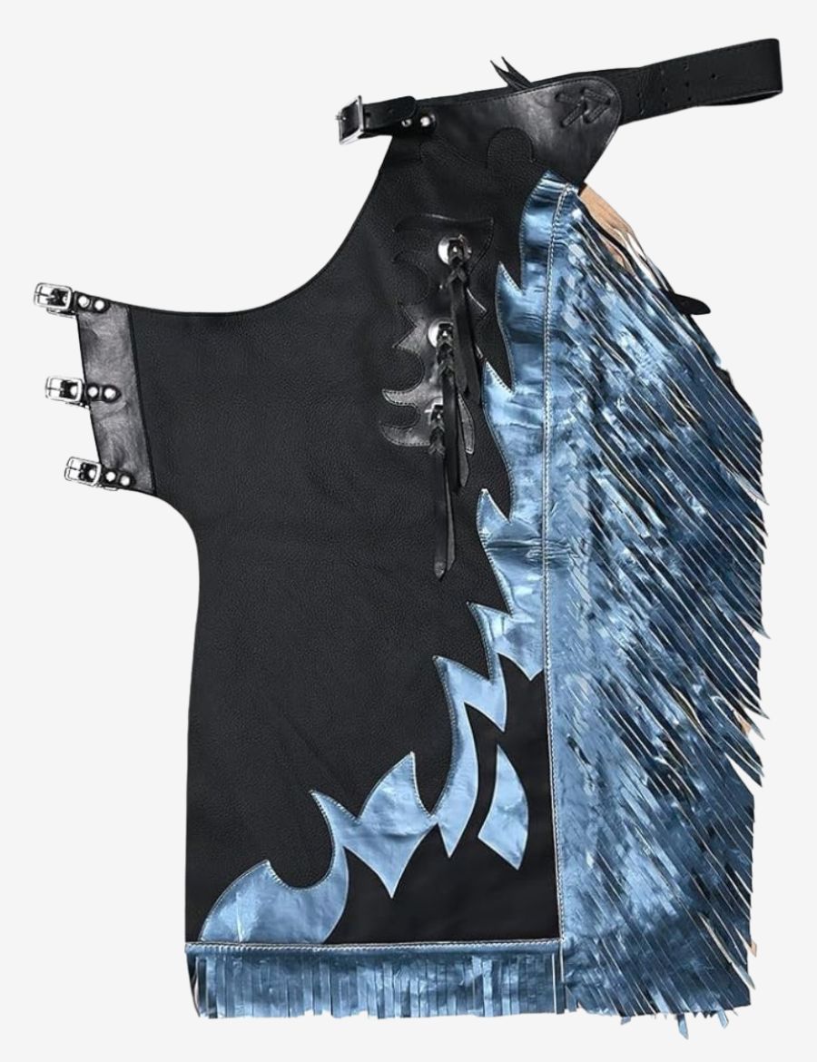 Black rodeo chaps with metallic fringe featuring bold western styling, premium leather, and rodeo performance design.
