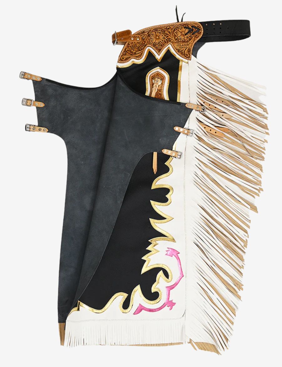 Inside view of black rodeo chaps with off white fringe and smooth suede leather lining.