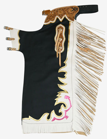 Black rodeo chaps with off white fringe, floral tooled leather yoke, and gold trim detailing.