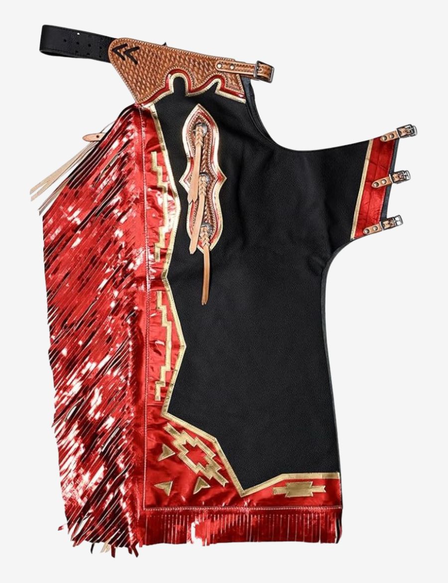 Black leather rodeo chaps with metallic red fringe featuring bold western styling and premium bull riding design.