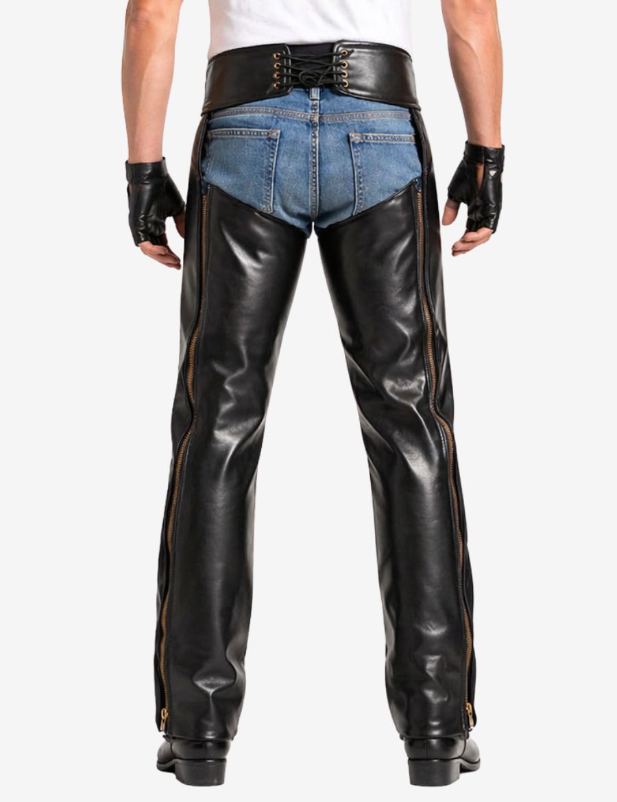 Back view of black side-zip mens motorcycle chaps with lace-up waistband and full-length zipper legs.