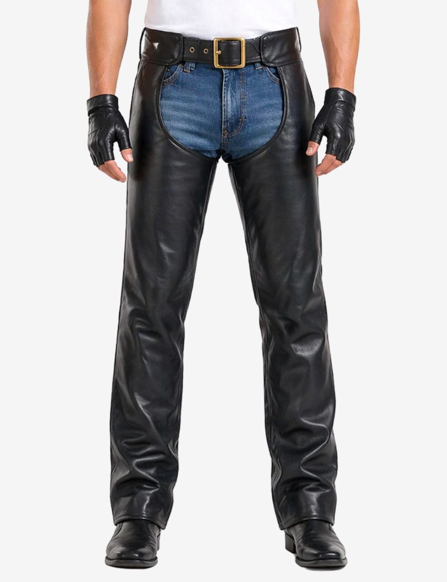 Front view of black side-zip mens motorcycle chaps featuring smooth leather finish and classic biker fit.