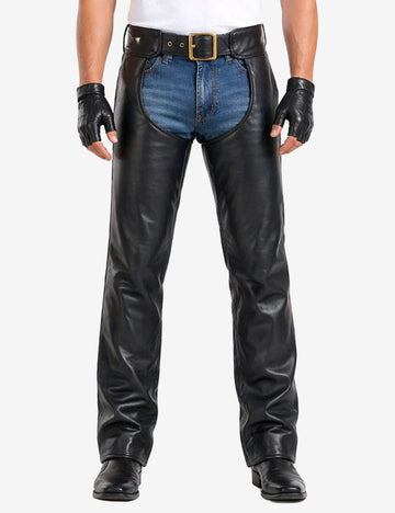 Front view of black side-zip mens motorcycle chaps featuring smooth leather finish and classic biker fit.