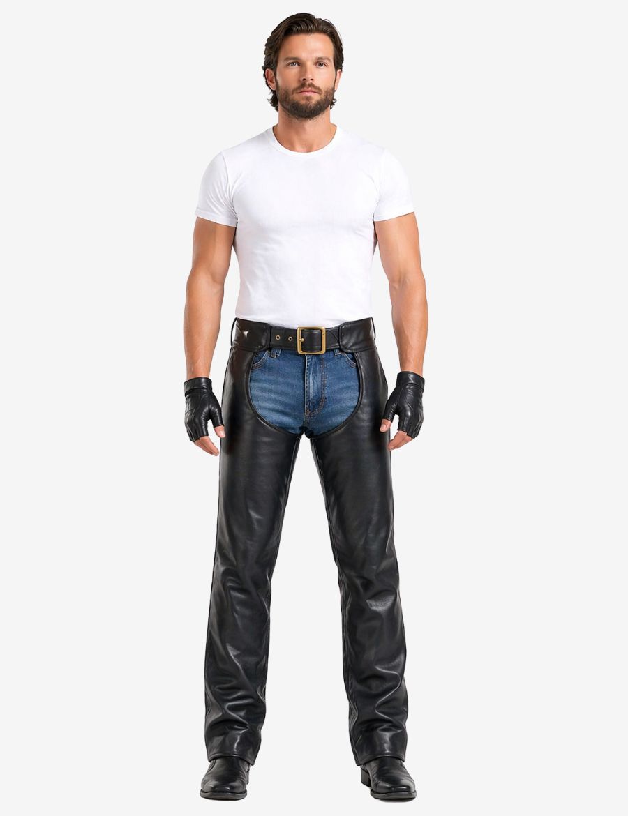Front view of black side-zip mens motorcycle chaps featuring smooth leather finish and classic biker fit.