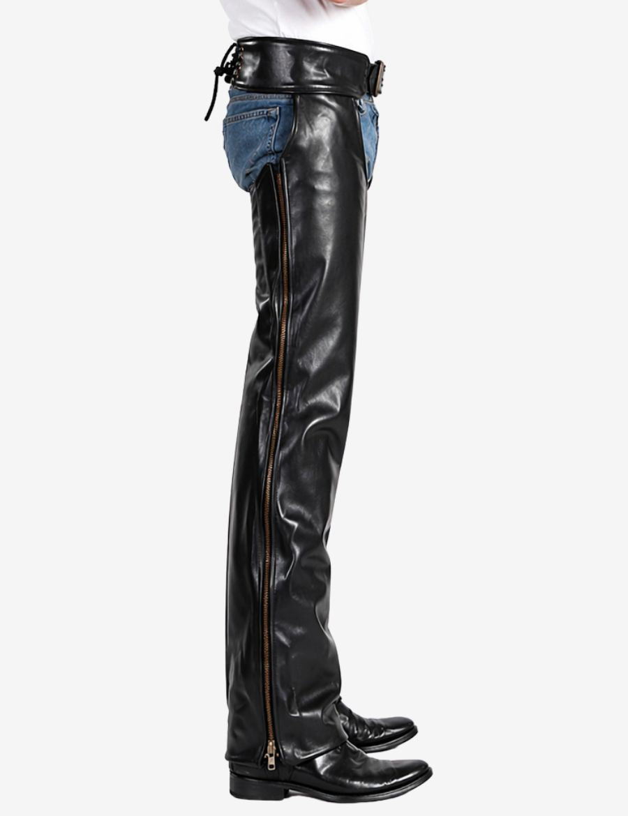 Side view of black side-zip mens motorcycle chaps highlighting long zipper closure and sleek biker profile.