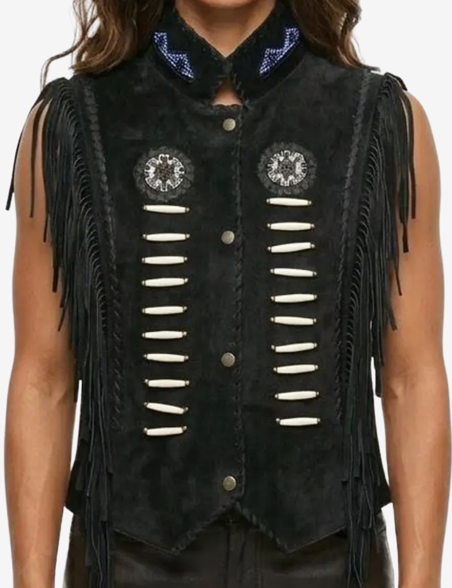 Front view of black suede fringe womens western vest featuring premium suede leather, shoulder fringe accents, decorative beadwork details, snap-button closure, and authentic western-inspired styling.