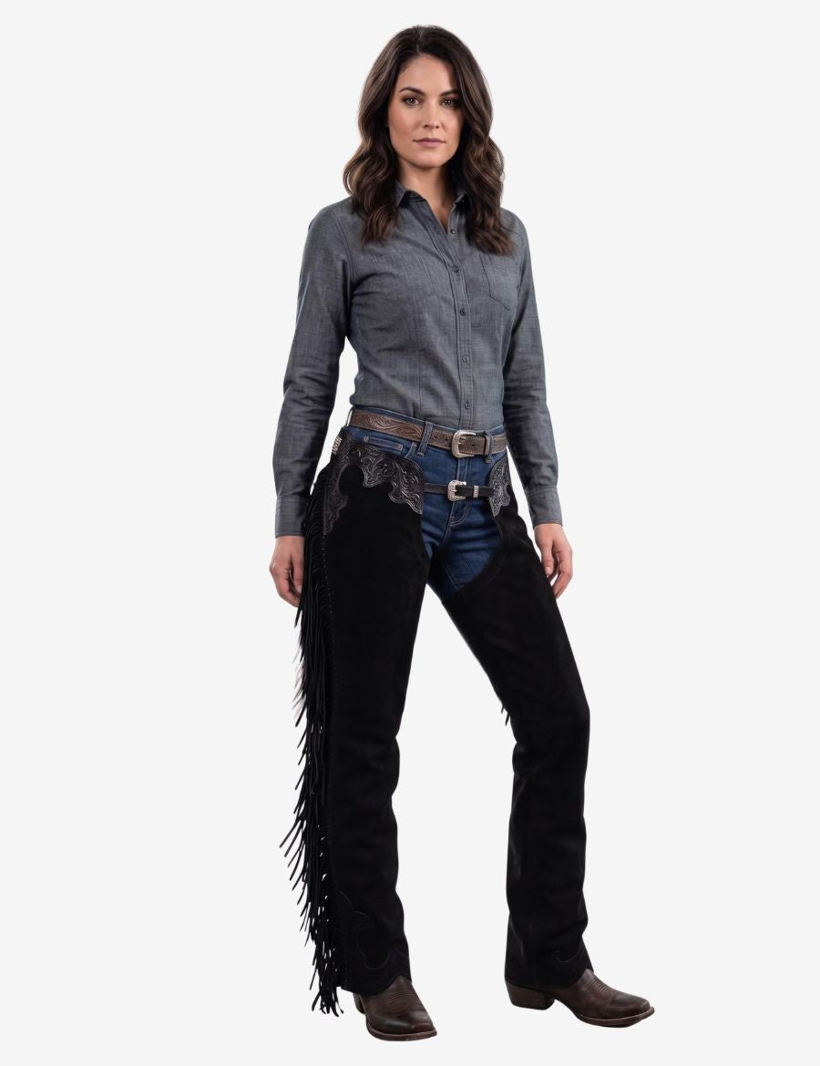 black tooled womens western chaps with decorative leather tooling, buckle closure, and premium western craftsmanship.
